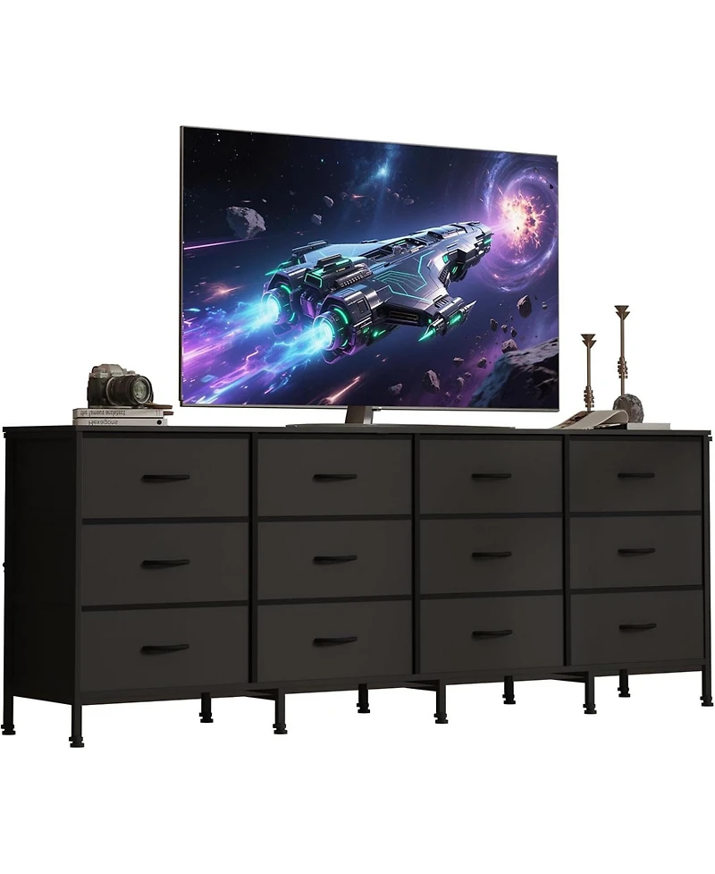 gaomon 70 Inch Dresser for Bedroom, Tv Stand for 65, 75, 80 Inch Tv, 12 Fabric Drawer Long Dresser