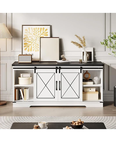 gaomon Farmhouse 59" Tv Stand Up to 65 Inches, Mid Century Modern Entertainment Center with Storage Cabinets