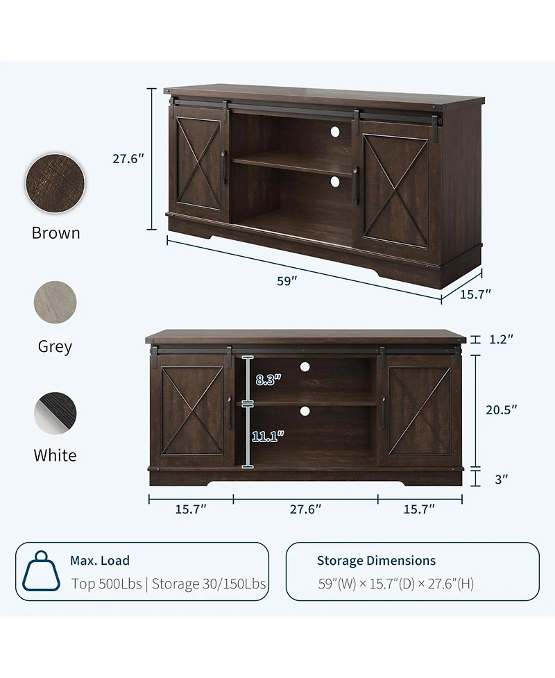 gaomon Farmhouse 59" Tv Stand Up to 65 Inches, Mid Century Modern Entertainment Center with Storage Cabinets