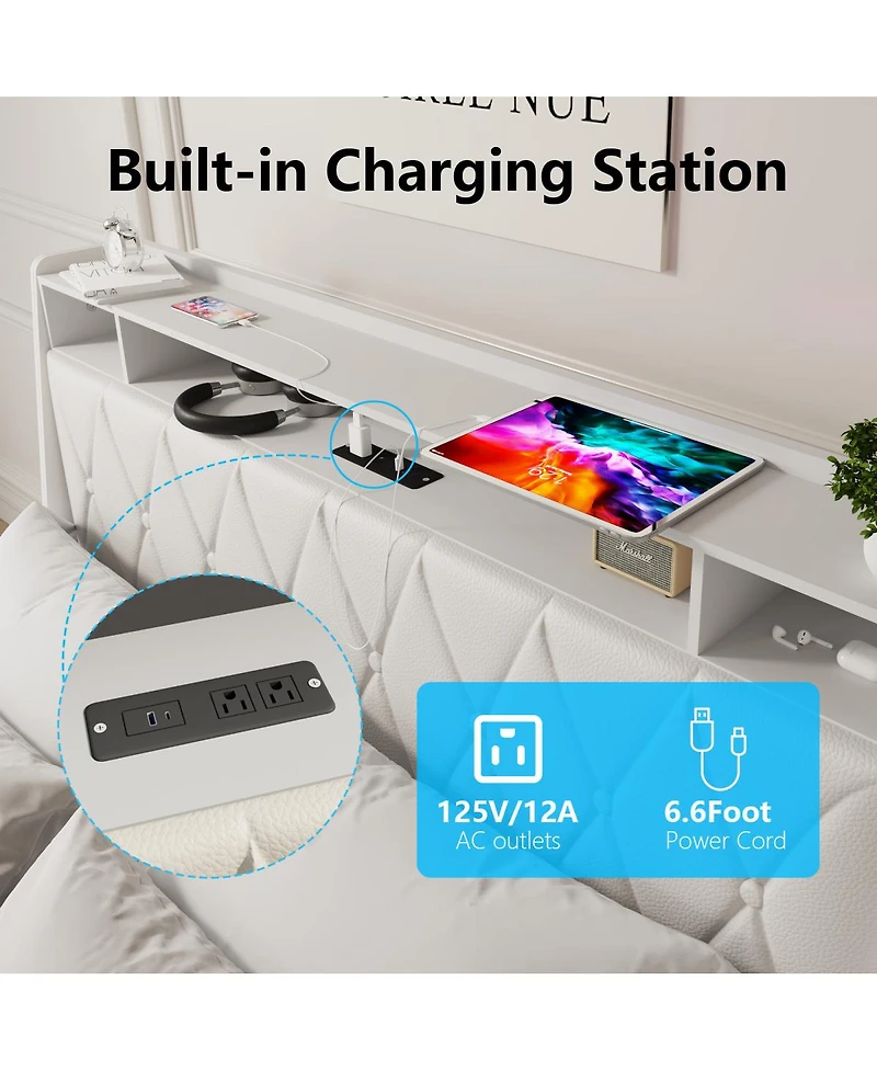 Streamdale Furniture Queen Bed Frame with Ergonomic Headboard, Outlets & Storage Shelf