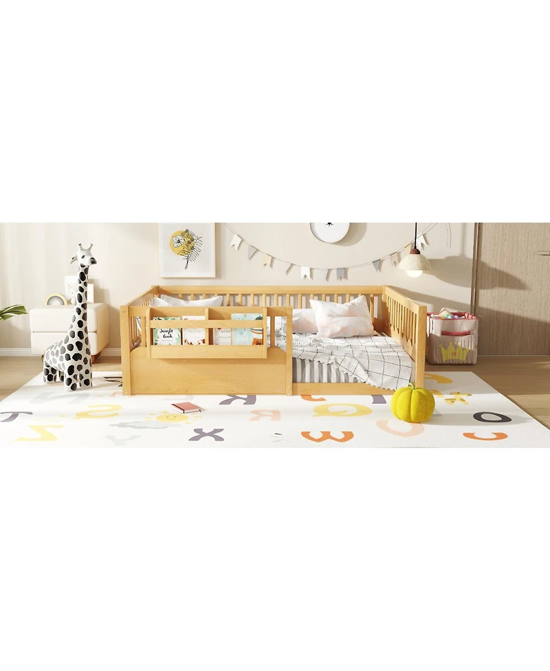 Streamdale Furniture Full Floor Bed with Heightened Fence & Bookshelf