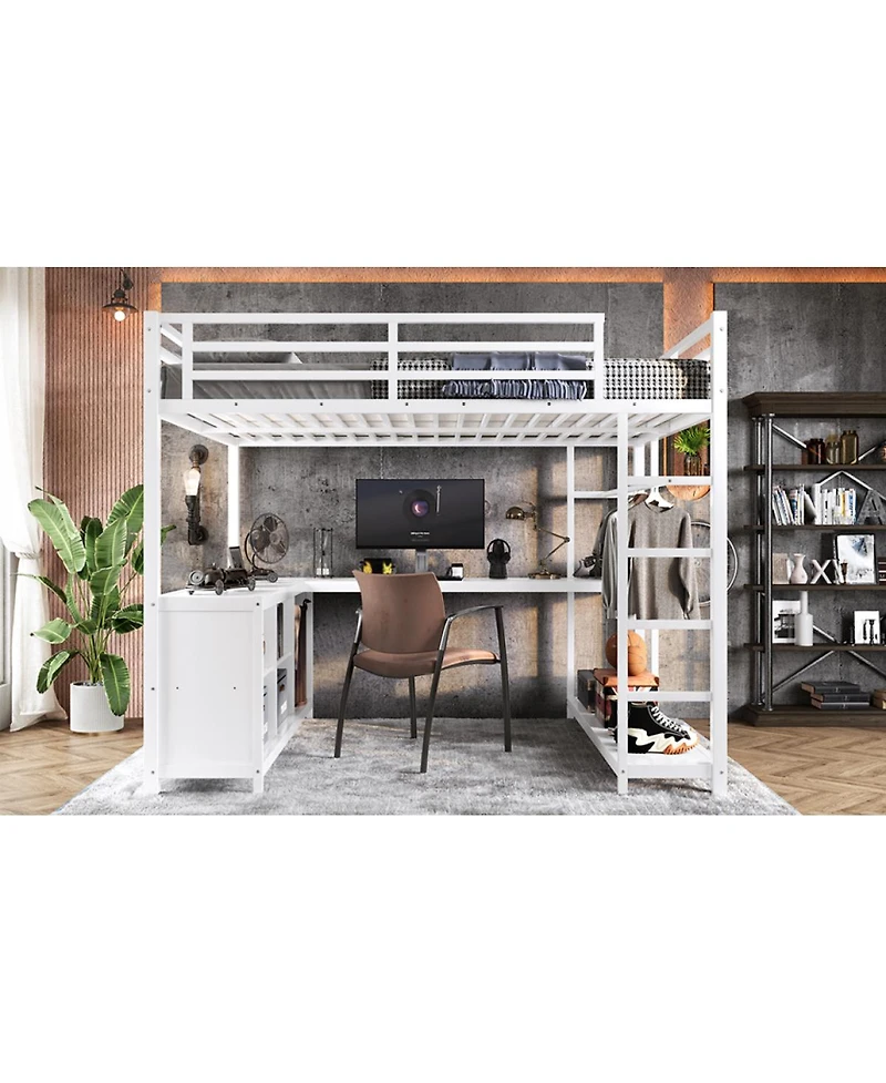 Streamdale Furniture Metal Loft Bed with Wardrobe, L-shaped Desk & Storage
