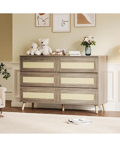 gaomon Wooden Dresser with 6 Drawers Wide Chest of Drawers with Rattan Fronts Boho Style