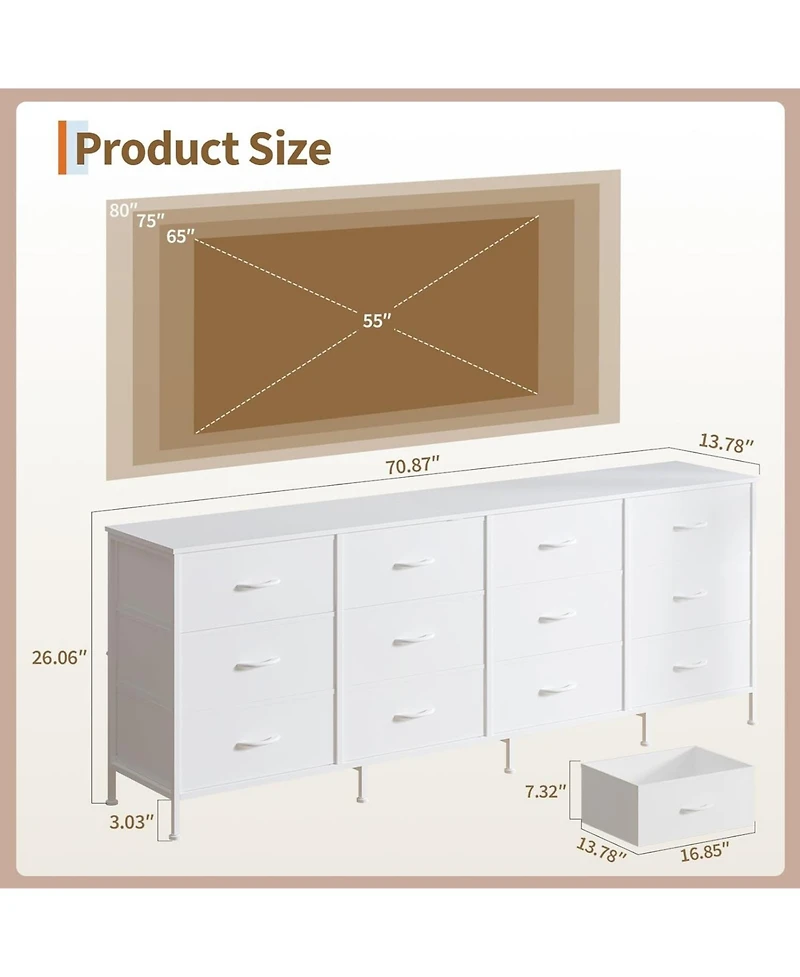 gaomon 70 Inch Dresser for Bedroom, Tv Stand, Wide Chest of Drawer with Storage, Charging Station