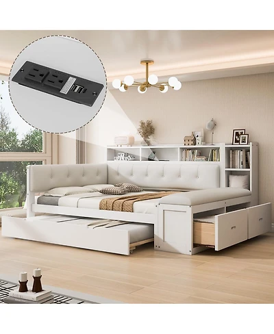 Streamdale Furniture Full Size Wood Daybed with Trundle, Storage, Charging Station, Cushion