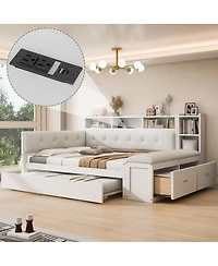 Streamdale Furniture Full Size Wood Daybed with Trundle, Storage, Charging Station, Cushion