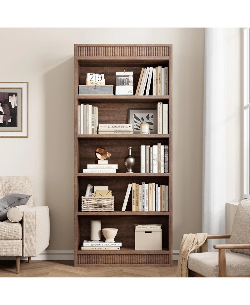 gaomon Tall Farmhouse Bookcase – 5-Tier Bookshelf with Fluted Design and Display Rack, Rustic Wood Freestanding Book Shelf for Office, Library