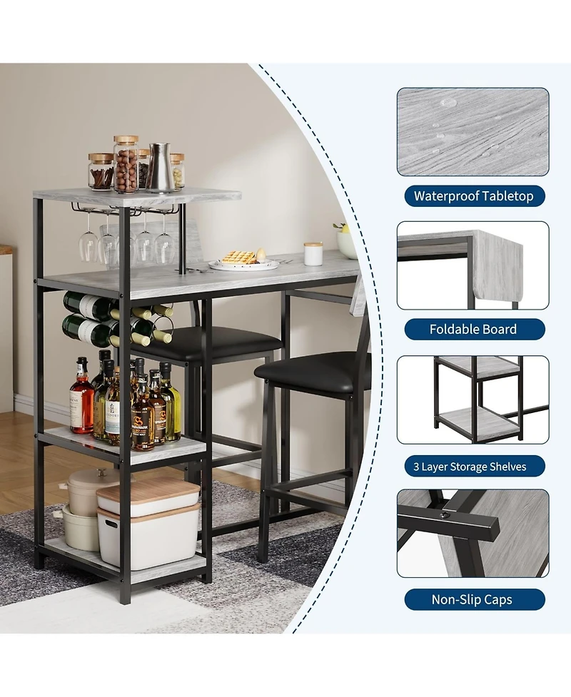 gaomon Dining Table Set for 2 3-Piece Expandable Bar Table and Chairs Set with Storage Shelves and Wine Rack Small Kitchen Dining Set