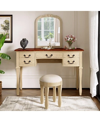 Streamdale Furniture 46" Vintage Makeup Vanity with Curved Flower Frame Mirror & 5 Drawers