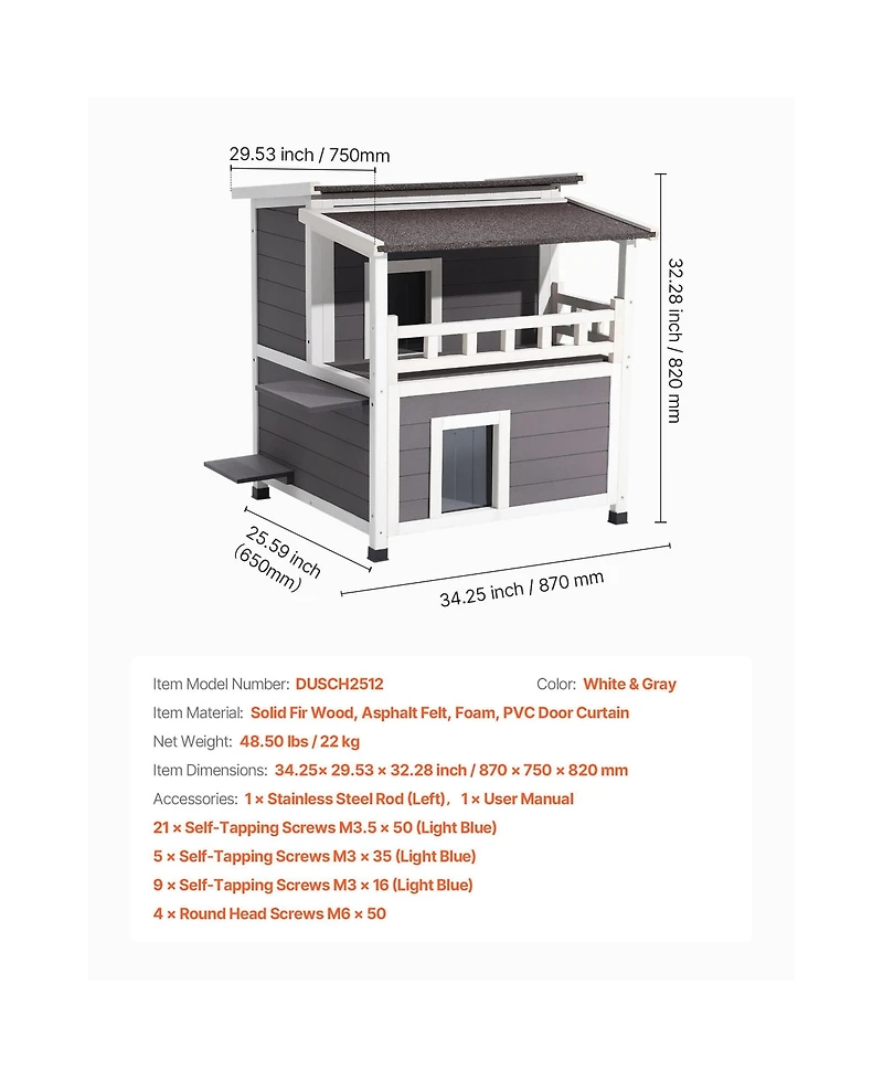 Aostirmotor 2-Story Insulated Cat House with Balcony, Weatherproof Wooden Shelter for Indoor & Outdoor Cats