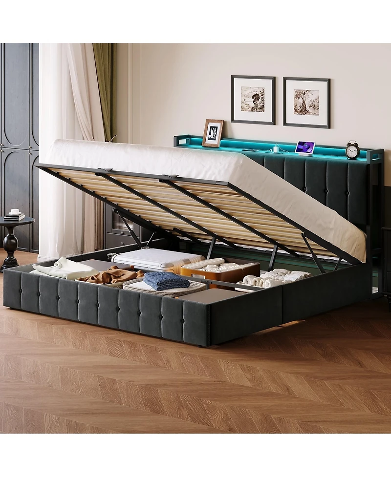 gaomon Lift Up Bed Frame with Charging Station & Led Lights,Upholstered Bed with Storage Headboard
