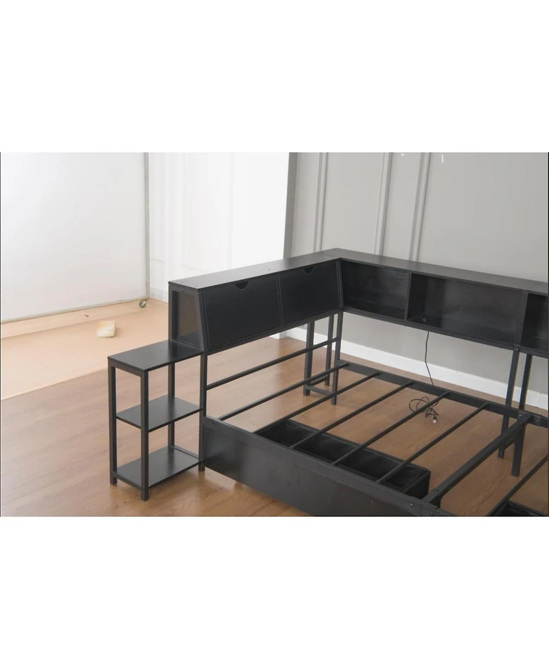 Streamdale Corner Bed Frame Full Size with Bookcase, Led, Charging Station, Black