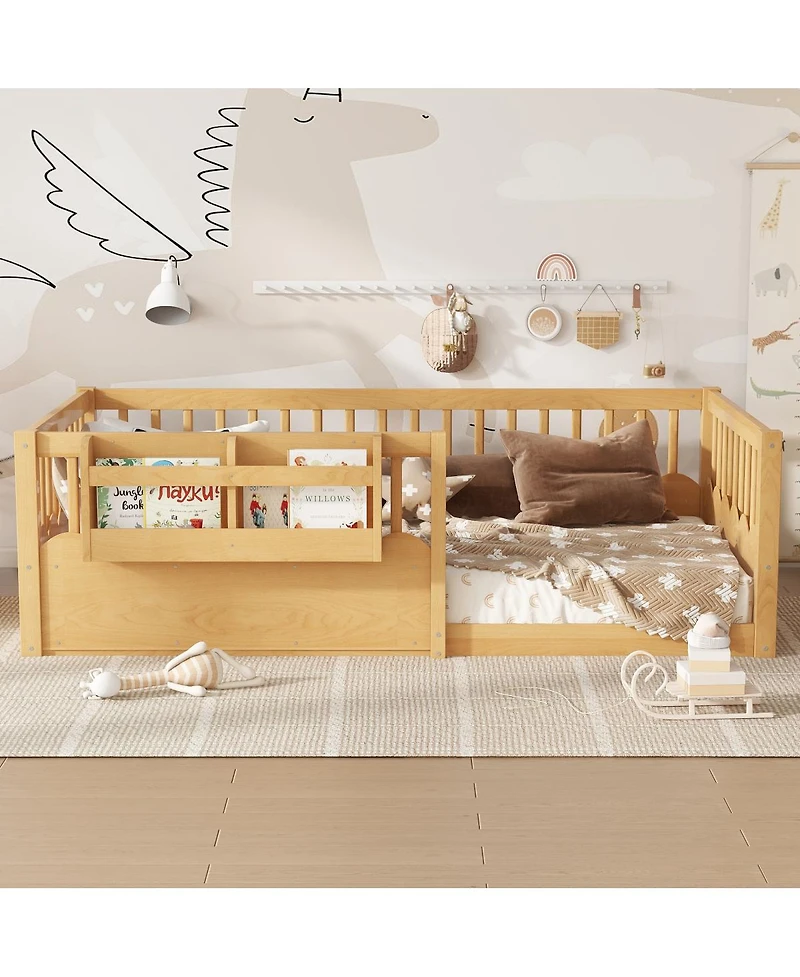 Streamdale Furniture Twin Floor Bed with Fence & Bookshelf, Natural Wood for Kids