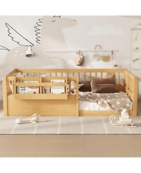 Streamdale Furniture Twin Floor Bed with Fence & Bookshelf, Natural Wood for Kids