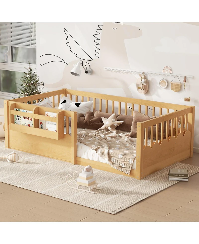Streamdale Furniture Twin Floor Bed with Fence & Bookshelf, Natural Wood for Kids