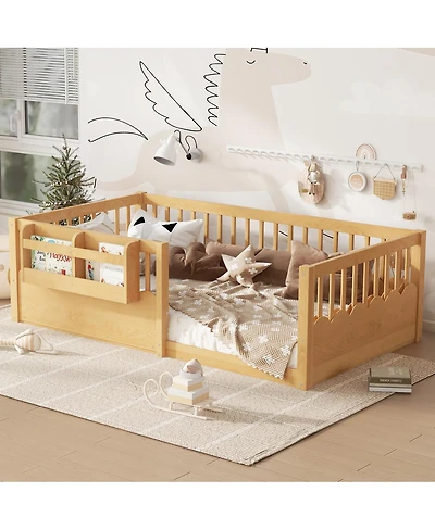 Streamdale Furniture Twin Floor Bed with Fence & Bookshelf, Natural Wood for Kids