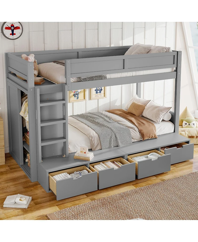 Streamdale Furniture Twin over Twin Bunk Bed w/ 4 Drawers, Wardrobe, No Box Spring Needed