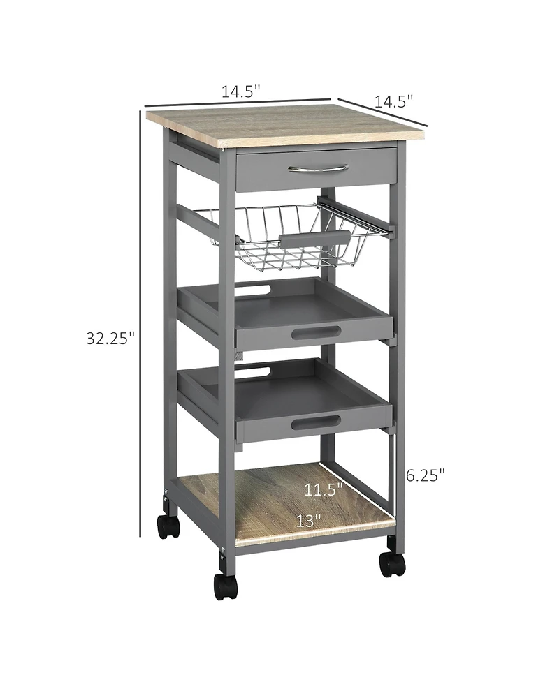 Rainsken Mobile Kitchen Cart, Solid Wood Frame Utility Cart, Rolling Kitchen Island with Wire Fruit Baskets, Trays and Drawer for Dining Room