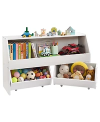 Rainsken Wooden Kids Bookshelf, Toy Storage Cabinet with 2 Mobile Drawers, Storage Organizer for Nursery, Living Room and Preschool