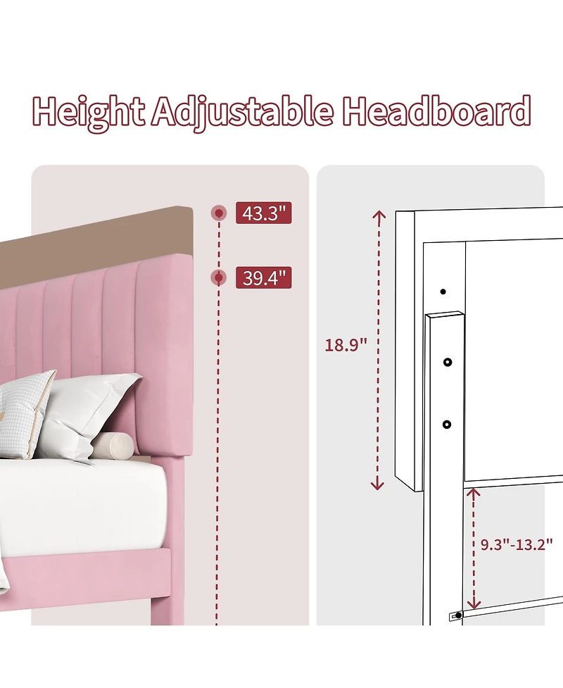 gaomon Velvet Platform Bed Frame with Adjustable Vertical Channel Tufted Headboard