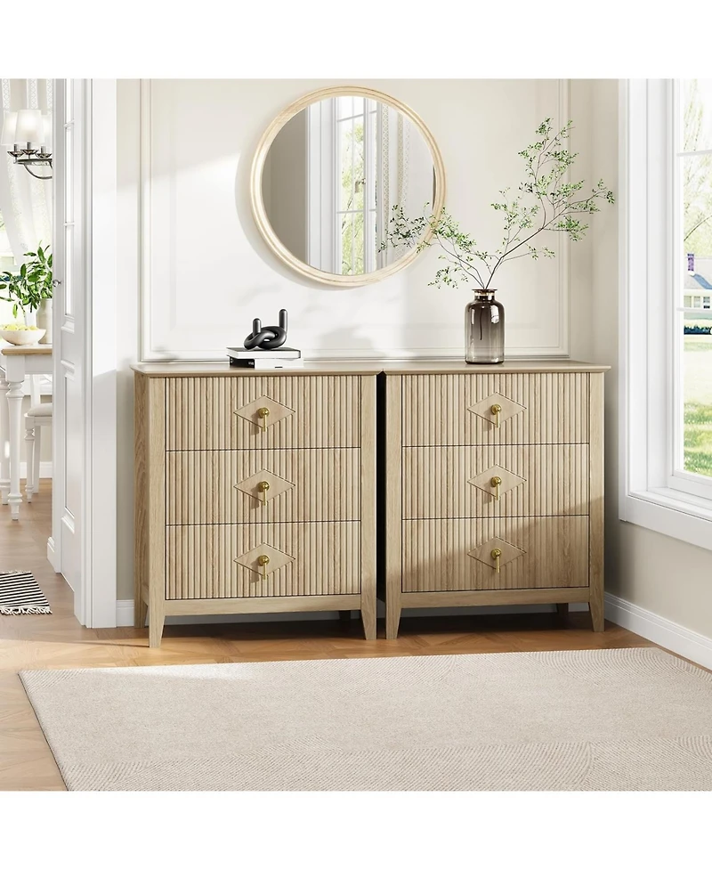 gaomon 2Pcs Fluted Nightstand, 27.5" Wide Bedside Table with 3 Large Storage Drawers, Modern Nightstand with Metal Handle, Wooden End Table