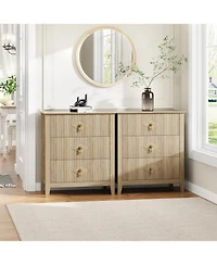 gaomon 2Pcs Fluted Nightstand, 27.5" Wide Bedside Table with 3 Large Storage Drawers, Modern Nightstand with Metal Handle, Wooden End Table