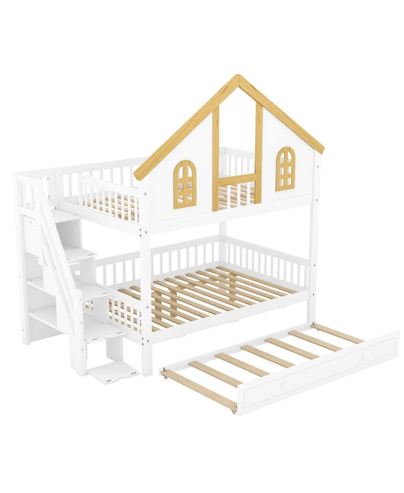 Streamdale Full Size Wooden House Roof Bunk Bed with Storage Staircase