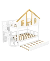 Streamdale Full Size Wooden House Roof Bunk Bed with Storage Staircase