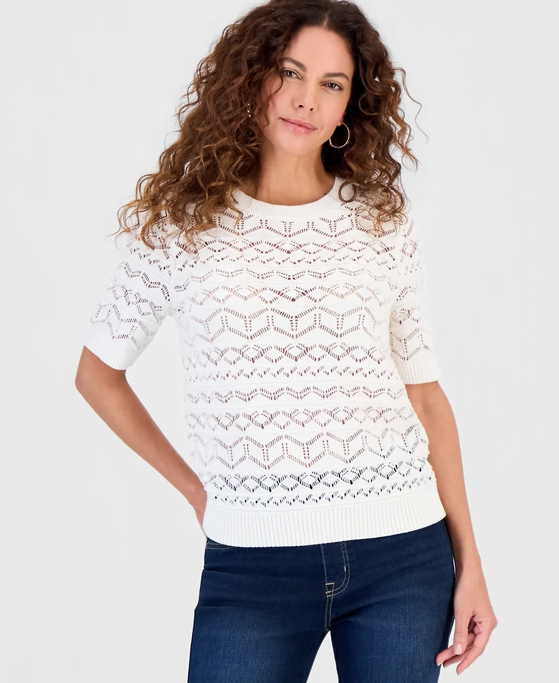 Style & Co Women's Cotton Pointelle Short-Sleeve Sweater, Macy's Exclusive