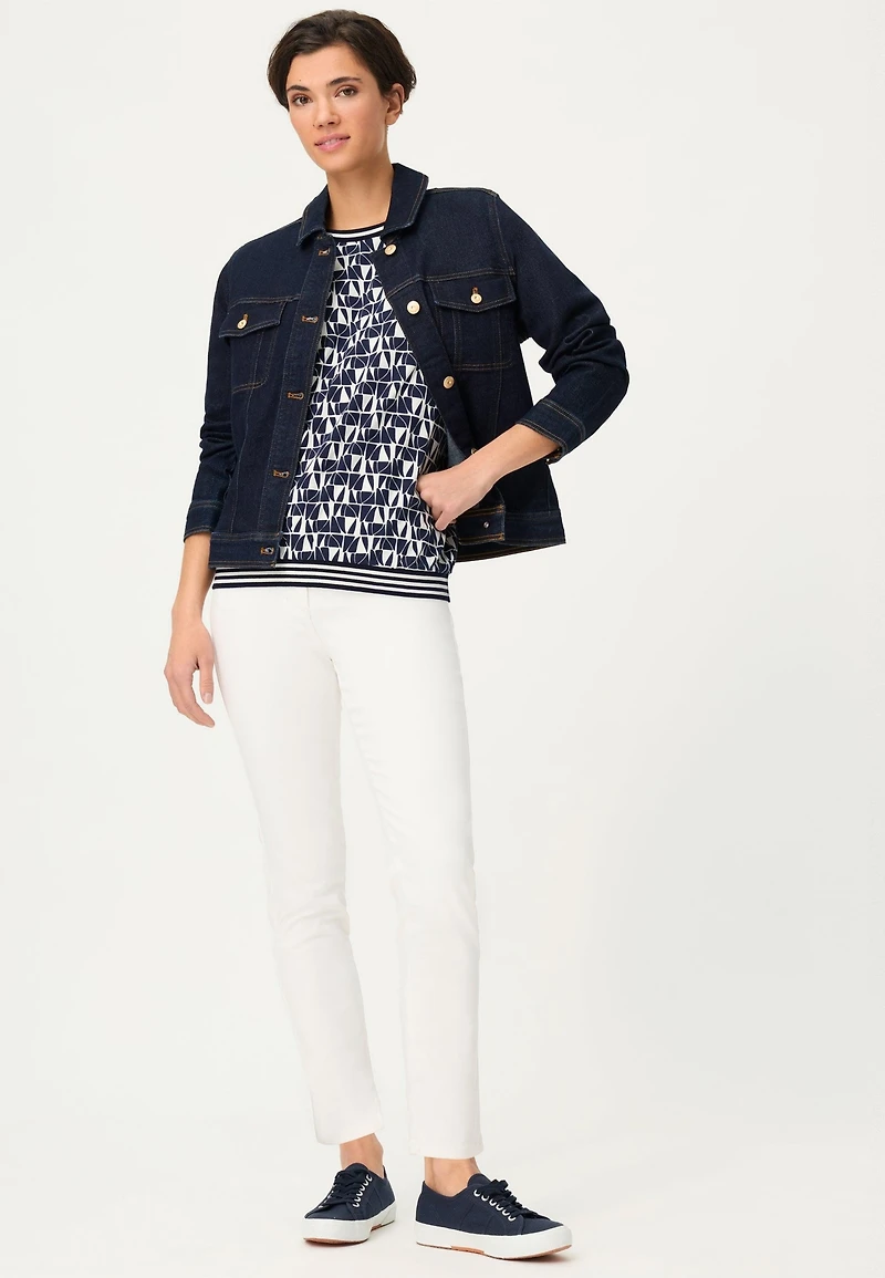 Olsen Women's Allover Geo Print T-Shirt with Stripe Trim