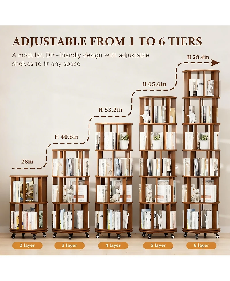Yigii Rotating 6-Tier Walnut Bookshelf with Wheels for Space-Efficient Storage