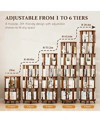 Yigii Rotating 6-Tier Walnut Bookshelf with Wheels for Space-Efficient Storage