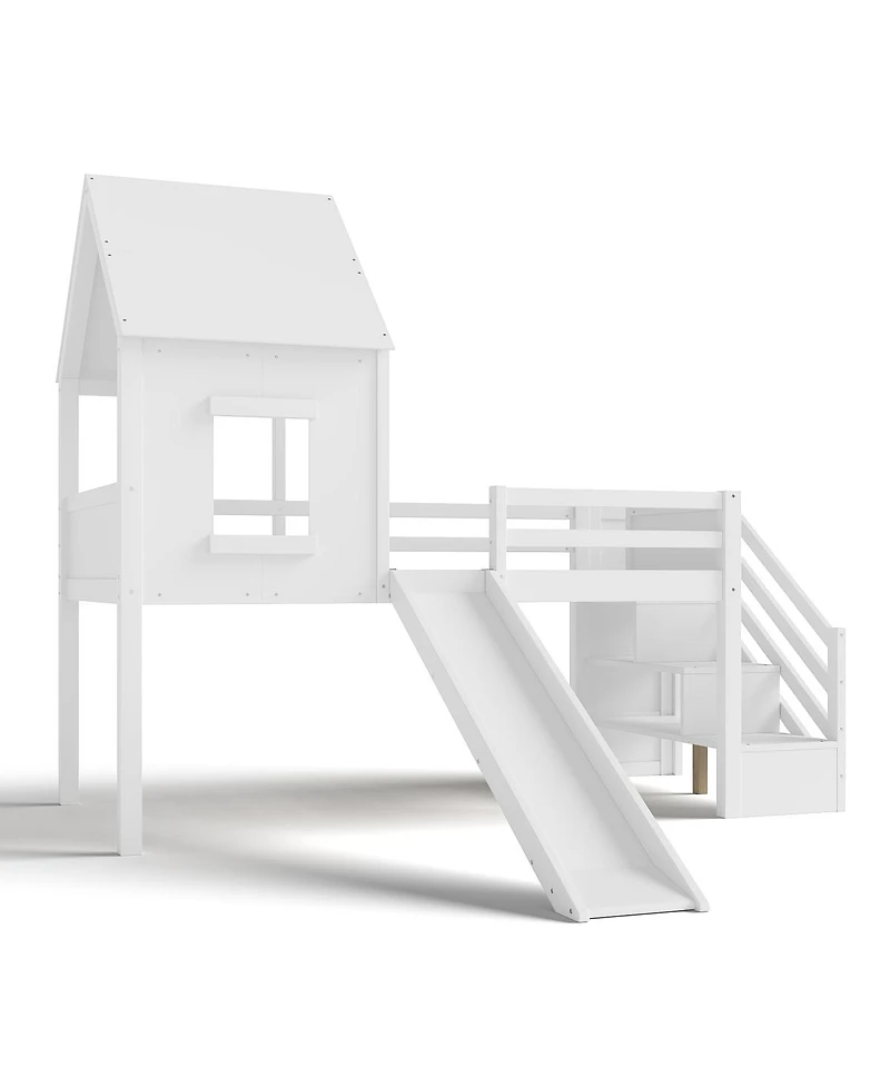 Streamdale Twin Loft Bed with Storage, Desk, Slide & Stairs, White