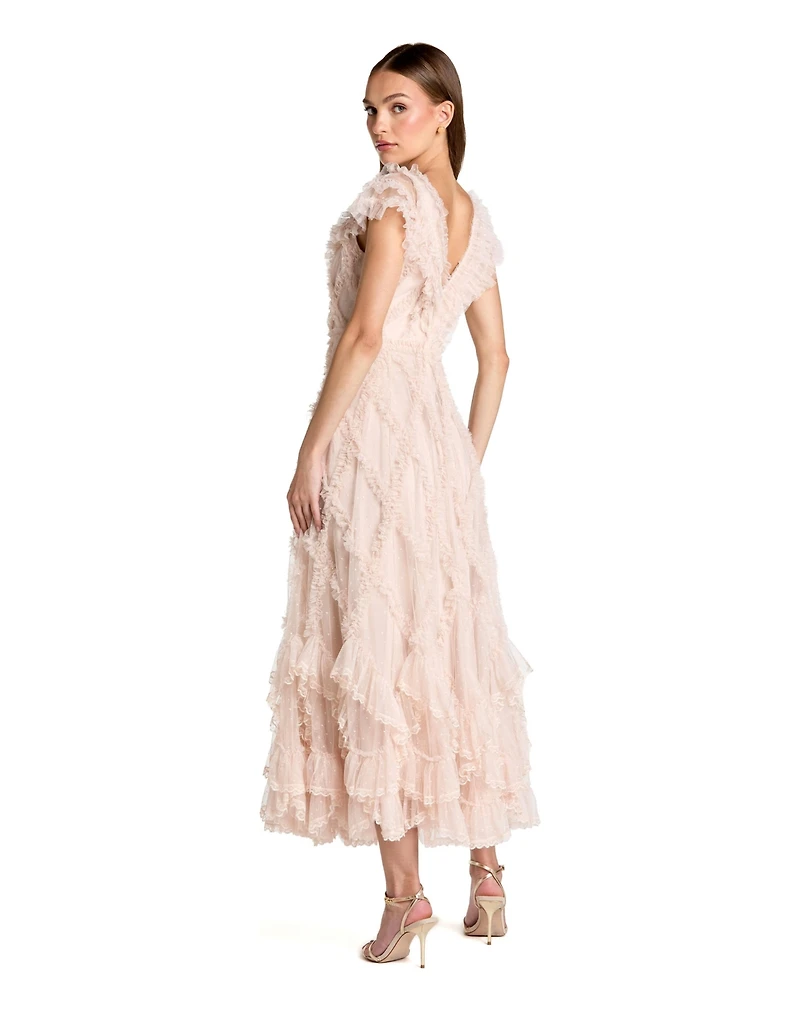 Mac Duggal Women's Micro Ruffle Cap Sleeve A-Line Midi Dress