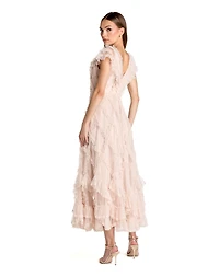 Mac Duggal Women's Micro Ruffle Cap Sleeve A-Line Midi Dress