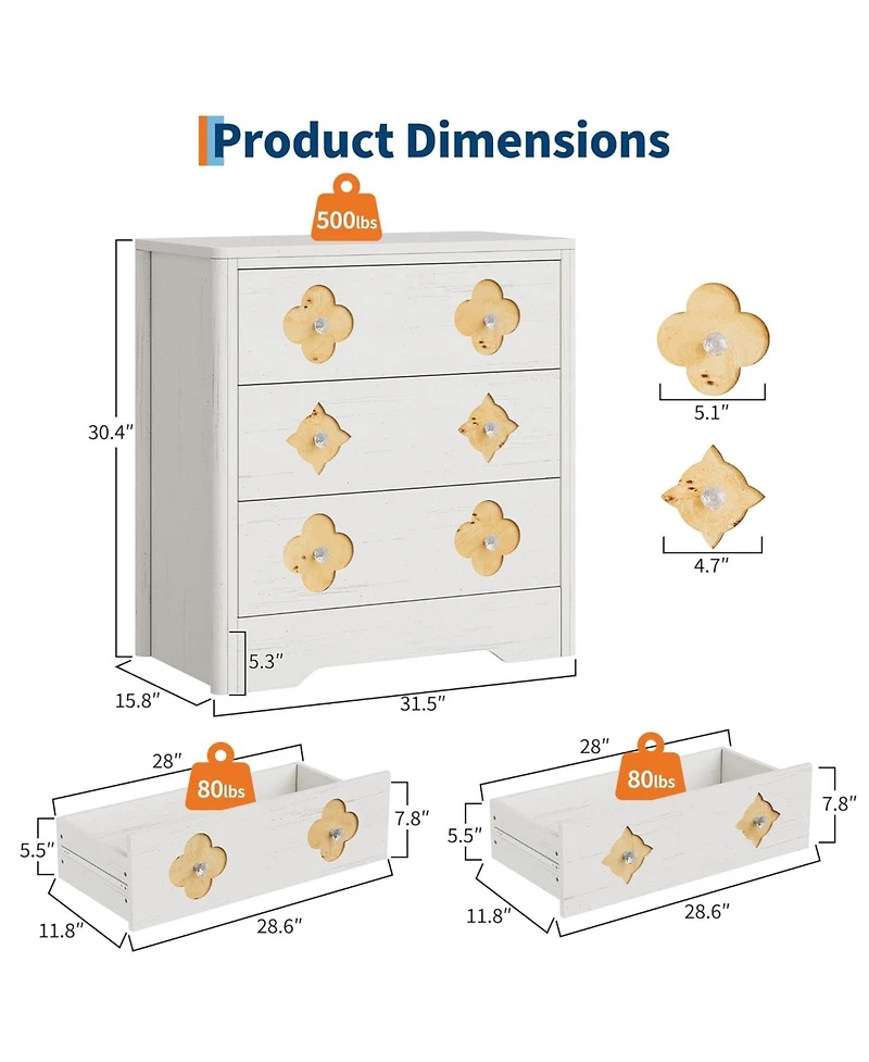 gaomon Dresser for Bedroom, Chest of Dressers Tall Dresser for Closet with 3 Decorative Drawer Front Boho Night Stand