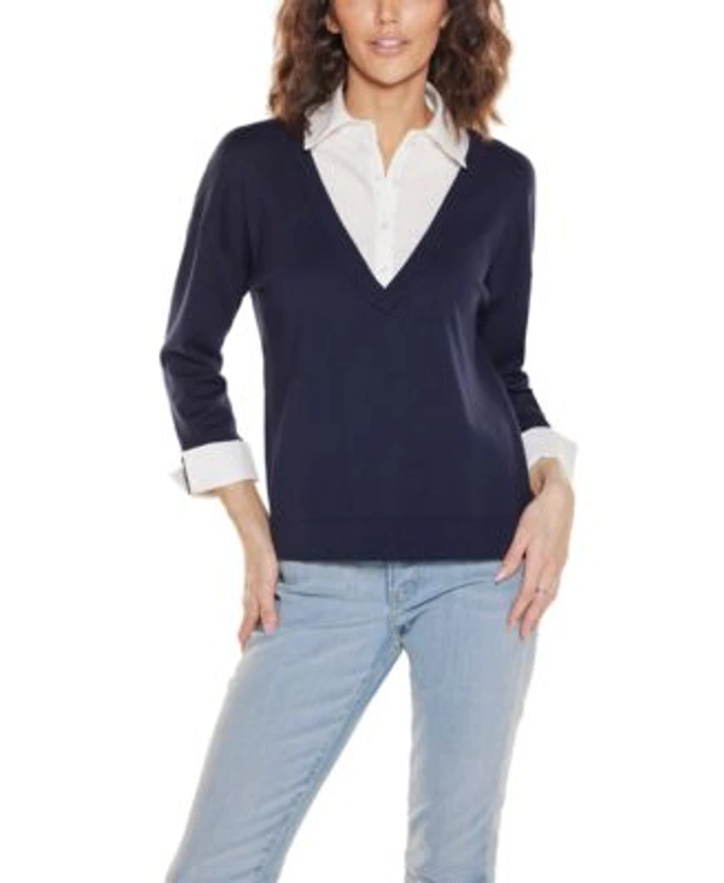Belldini Womens Woven Collar Twofer Sweater