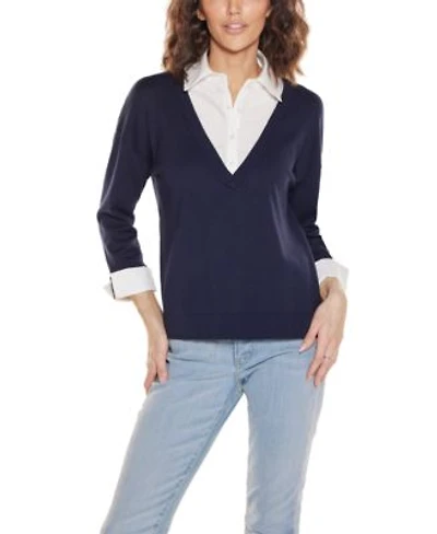 Belldini Womens Woven Collar Twofer Sweater
