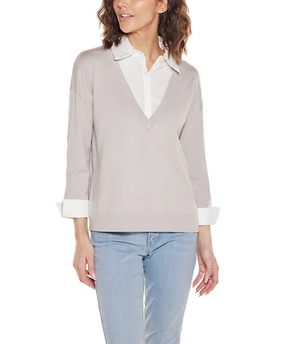 Belldini Women's Woven Collar Twofer Sweater
