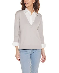 Belldini Women's Woven Collar Twofer Sweater