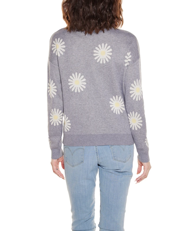 Belldini Women's Jacquard Flower Crew Neck Sweater