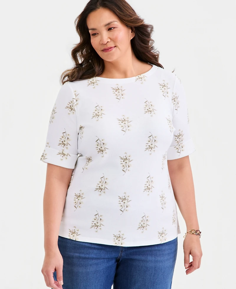 Style & Co Plus Printed Boat-Neck Elbow Sleeve Cotton Top