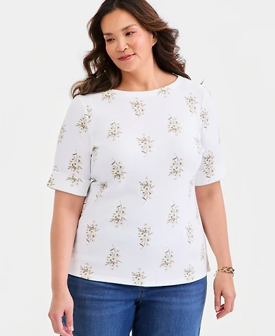 Style & Co Plus Printed Boat-Neck Elbow-Sleeve Top