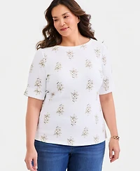 Style & Co Plus Printed Boat-Neck Elbow Sleeve Cotton Top
