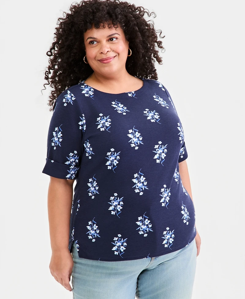 Style & Co Plus Printed Boat-Neck Elbow-Sleeve Top