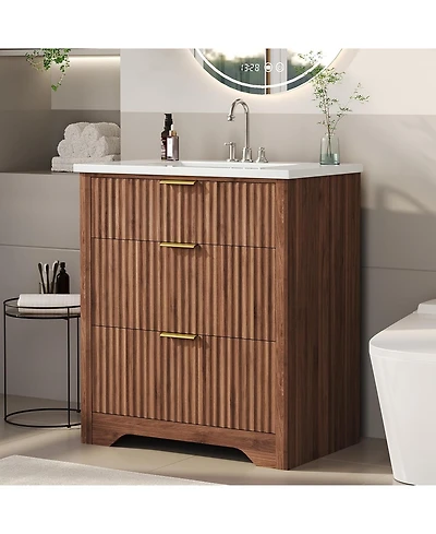 gaomon "24'' Walnut Fluted Bathroom Vanity with Sink, Freestanding Cabinet with 2 Drawers & Flip Down Drawer, Easy Assembly"
