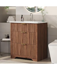 gaomon "24'' Walnut Fluted Bathroom Vanity with Sink, Freestanding Cabinet with 2 Drawers & Flip Down Drawer, Easy Assembly"
