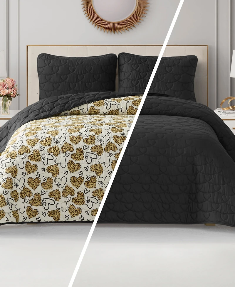 Juicy Couture Cheetah Doodle Hearts Reversible 3-Pc. Quilt Set, Full/Queen