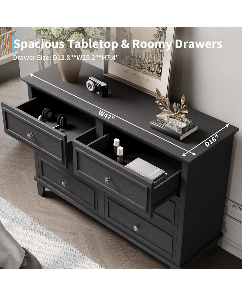 gaomon Farmhouse Dresser for Bedroom with 6 Drawer, Double Tv Stand Vintage Handle, Wide Wood Dressers & Chests of Drawers