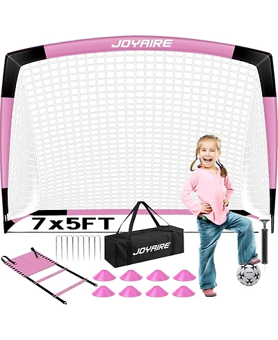 Joyaire Pro-Grade Kids Backyard Soccer Goal, Tear-Resistant 5-Layer Polyester Net & 10mm Poles, 7x5ft Portable Pop Up Training Set with 4 Ball